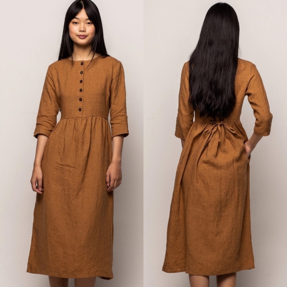 Pyne and Smith No.14 Brown Tan Linen Button Midi Dress Women’s XS